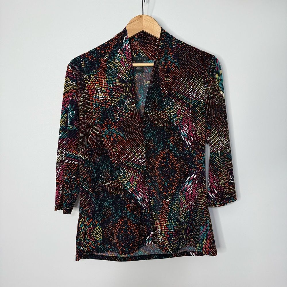 Grace Multicolor Abstract Long Sleeve Top Size Large